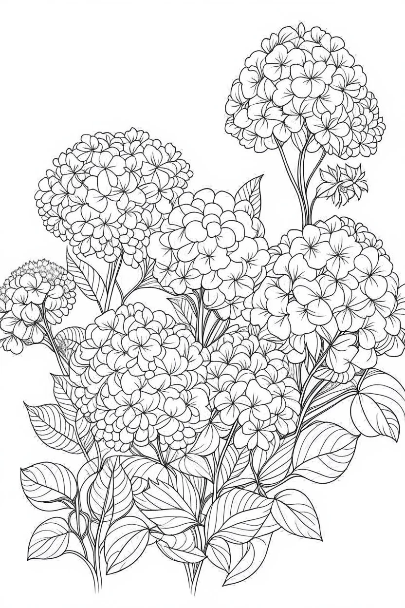 Outline art for coloring page, GARDEN OF HYDRANGEA FLOWERS, coloring page, white background, Sketch style, only use outline, clean line art, white background, no shadows, no shading, no color, clear