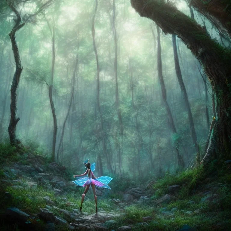 blue ridge mountains environment, fairy novel character, portrait, vibrant colors in the style of athletic african princess, colorful volumetric reflective lighting effects, beautiful spirit ultra detailed, Intricate concept character design is walking through the dark forest woods