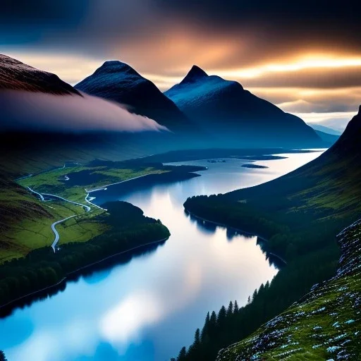 Glencoe, Scotland,aerial view,cloudy,extremely detailed digital painting, high resolution,8k, realistic, beautiful, volumetric lighting, mystical colors ,perfectly centered image, perfect composition, rim light, beautiful lighting,masterpiece, stunning scene, raytracing, anatomically correct, in the style Van Gogh and robert e howard and Ken Kelley and Ohrai Noriyoshi and Simon Bisley and tomzj1.