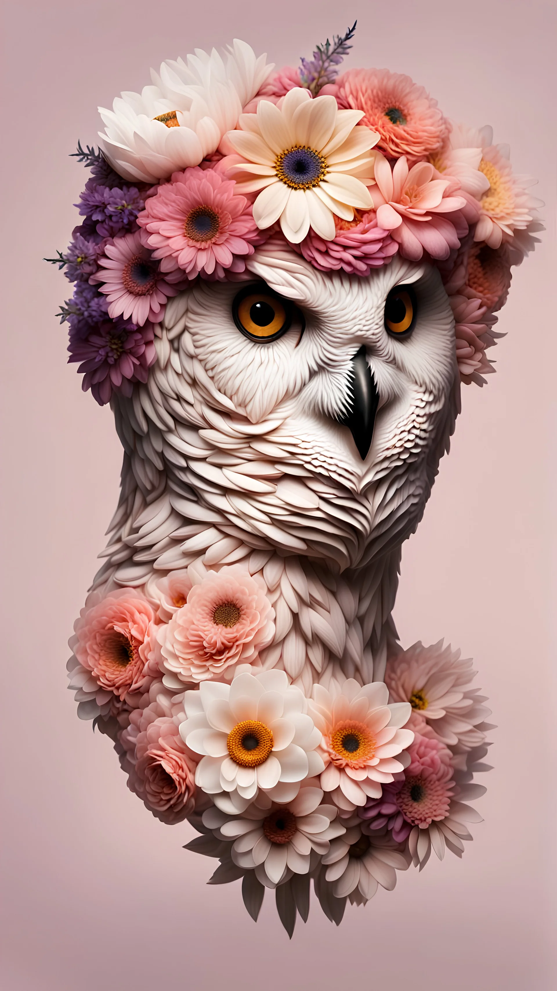 male with owl head made from a lot of beautiful flowers , skin textured, pale colors smooth contrast,