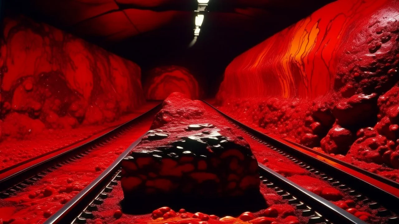 A dark red underground railway with lava designed in Ica stones painted by Andy Warhol