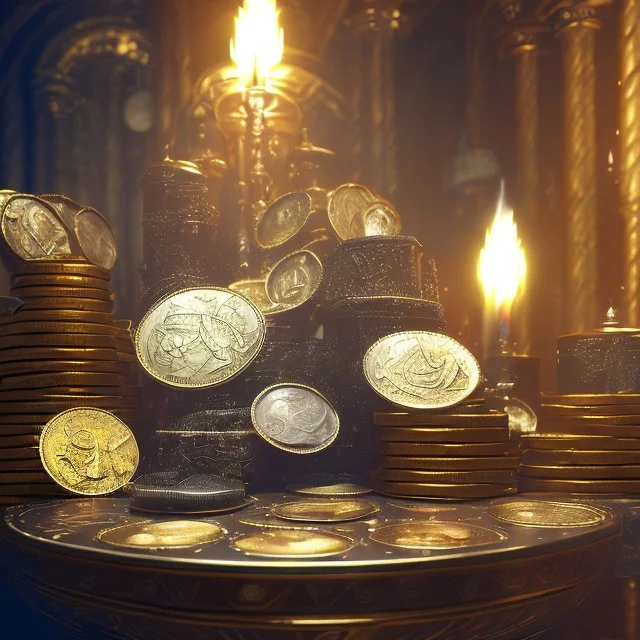 dynamic lighting, Intricately detailed, Splash screen art, deep color, Unreal Engine, volumetric lighting, silver coins, gold coins, silver treasure, stacked coins, indoors, candle, altar, black table,