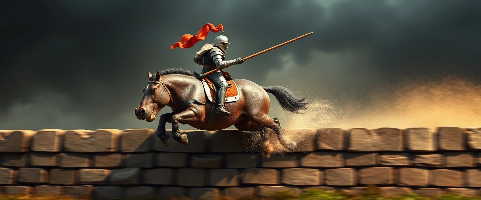 fast horse hippo hog jumping a wall with knight rider and lance