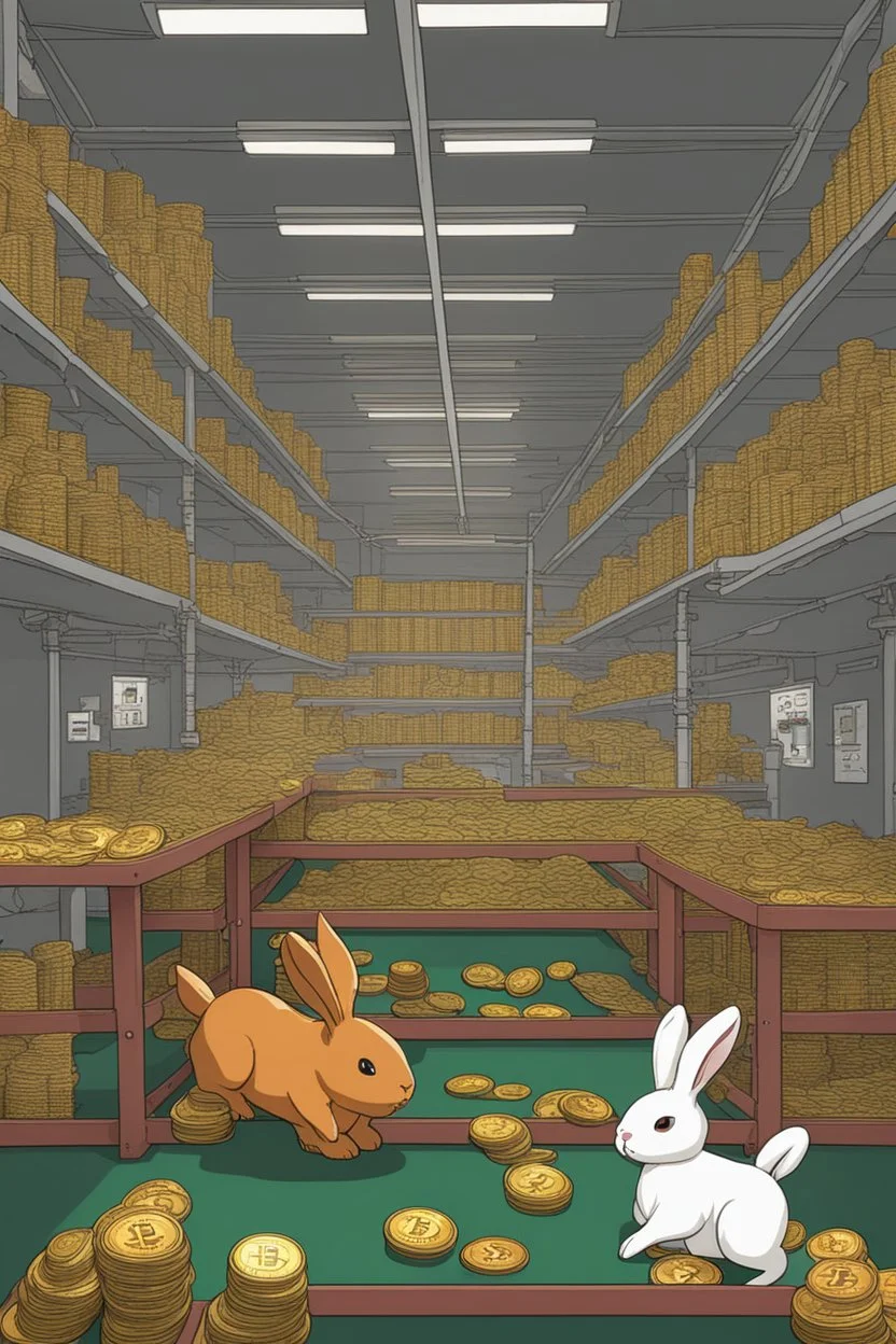 A Bitcoin factory where bunnies run around making coins, crazy, animation, chaos, funny