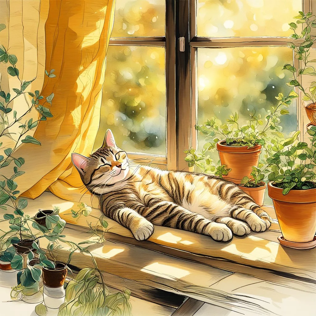 photorealistic, high-resolution image of a grey tabby cat sleeping on a sunny wooden windowsill next to various potted plants. The cat, with light brown and black stripes, lies on its back, paws up, basking in a ray of golden sunlight that illuminates its fur. The window in the background features an amber curtain on the left, and a wooden frame separates the panes. Outside the window, soft golden light suggests either sunrise or sunset, with blurred foliage visible. On the windowsill, several t