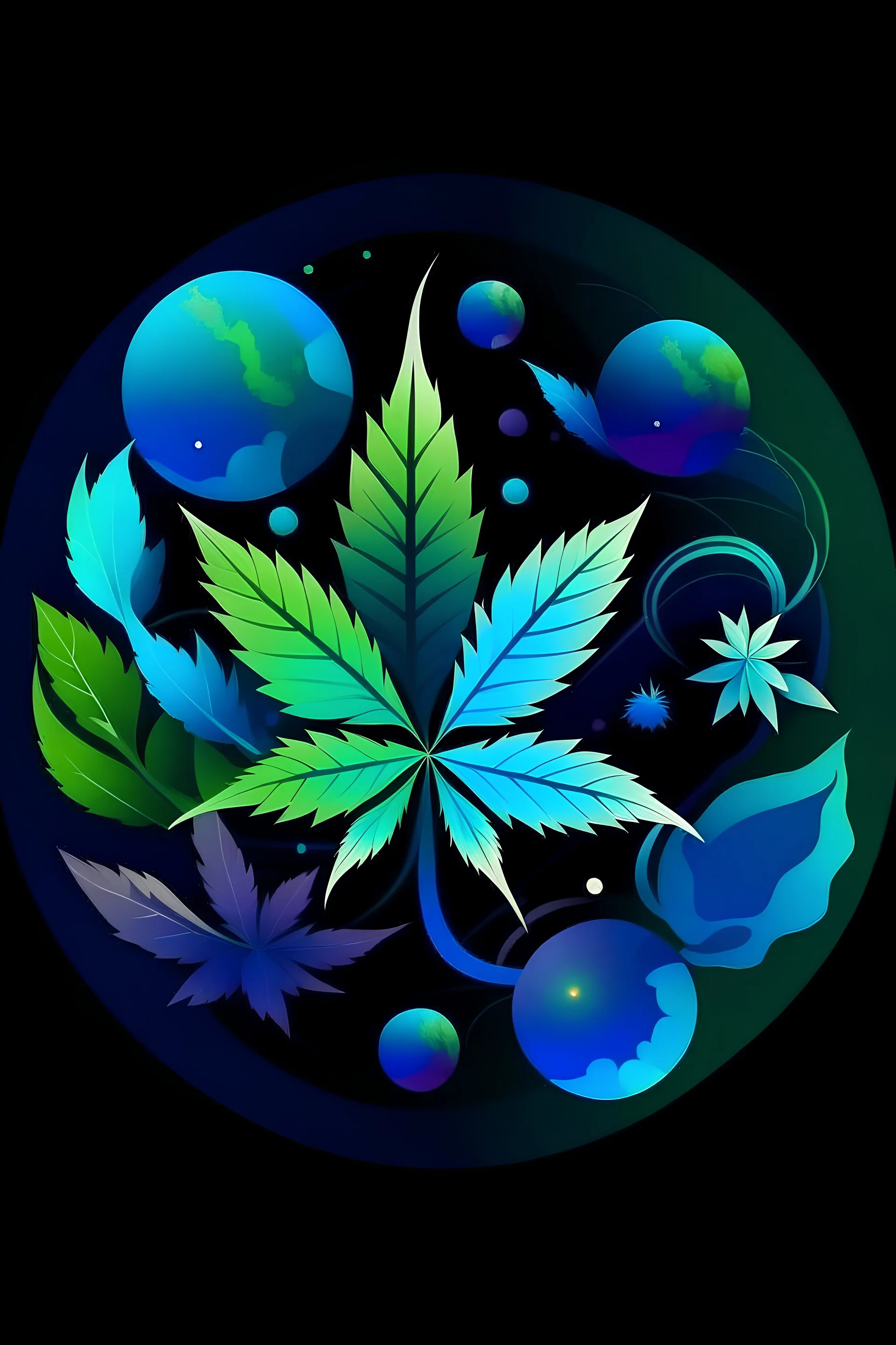 CREATE A Galactic Garden Logo Color Palette:Cosmic Blues: Dark and light shades of blue to represent the vastness of space. Lush Greens: Earthy greens to symbolize the natural and organic aspect of gardening. Stellar Purples: Deep purples for a touch of mystery and sophistication. Main Elements: Plant Imagery: Integrate cannabis leaves, a growing plant, or a cannabis bud to emphasize the gardening