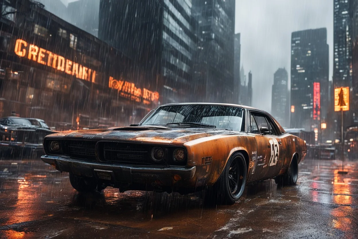 photo of a retrofitted cyberpunk 1969 Dodge Charger R/T model with (heavily battered:1.6) and rusty body, special assembly parts fitted to the hood and roof, (black windscreens:1.7), thin LED headlights and rusty dark rims, menacing car style, cyberpunk city scene in background, towering skyscrapers, heavy rain