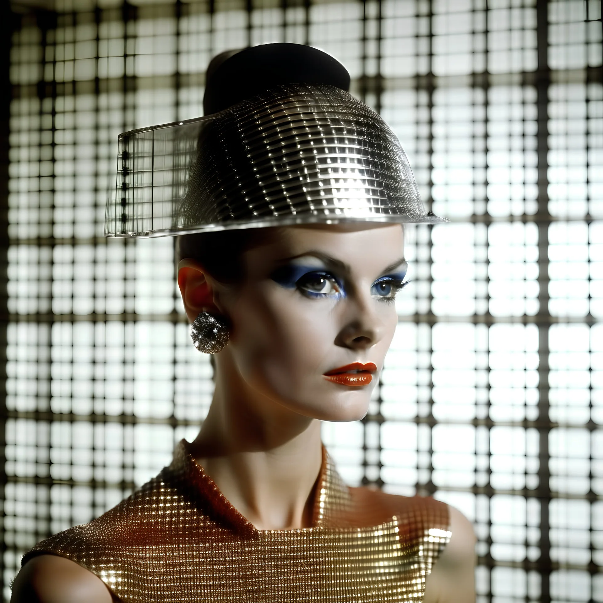 use pieces of grid mirror glass for materials, splice a headpiece, 1960s style with monitor eyes, show a sense of conformity