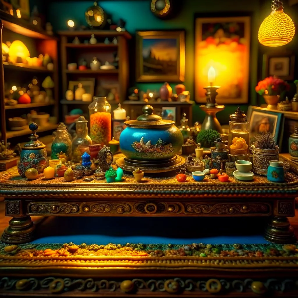 Diorama of old table woth ild stuff, sharp focus, 8k, 3d, very detailed, volumetric light, fine art, very colorful, ornate, 35mm, F/2.8, insanely detailed and intricate, hypermaximalist, super detailed, decadent