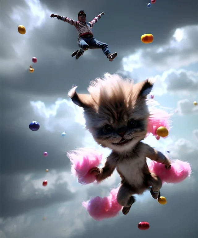 Ultra realistic speed clouds sky scene, wide angle view, strong men falling down with many Childs, circus clothing style, feather color clothing, free jumping flying, many trinkets, hair monster, many jelly beans, balls, color smoke, smile, happy, extreme, wind, clouds sea, 20,000 feet altitude, stratosphere, soft color, highly detailed, unreal engine 5, ray tracing, RTX, lumen lighting, ultra detail, volumetric lighting, 3d, finely drawn, high definition, high resolution.