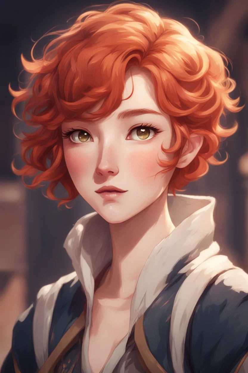 A short girl with thick short wavy red hair, narrow kind eyes with an enthusiastic look. A wide oval face is decorated with an upturned nose and small lips, genshin impact style
