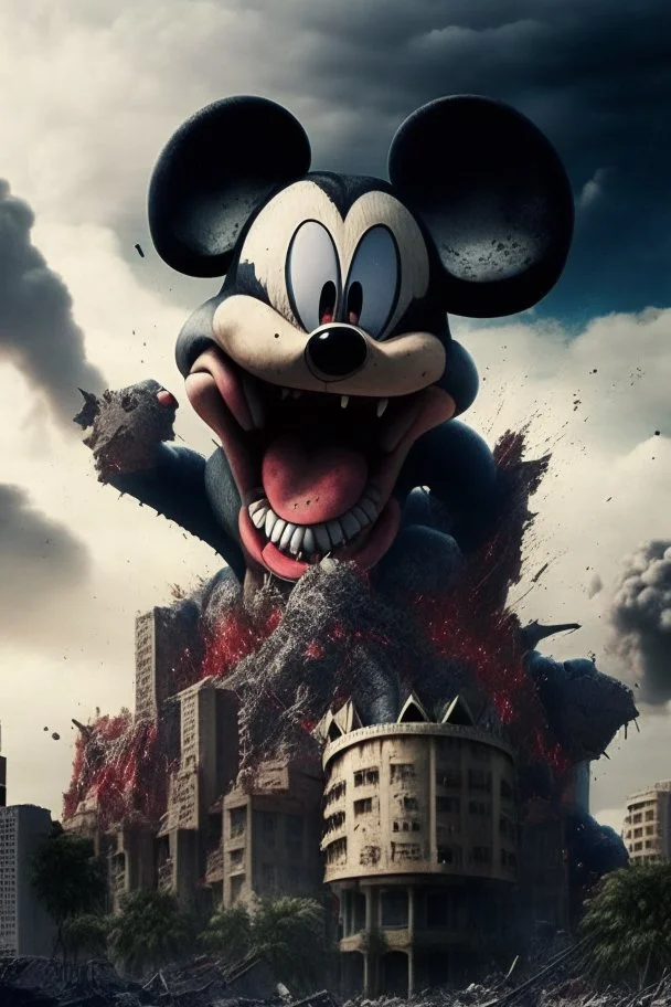 MICKEY MOUSE WITH ACCURATE EYES AS A HUGE GODZILLA DESTROYING BUILDINGS IN SOUTH AFFRICA, PHOTOREALISTIC 4K