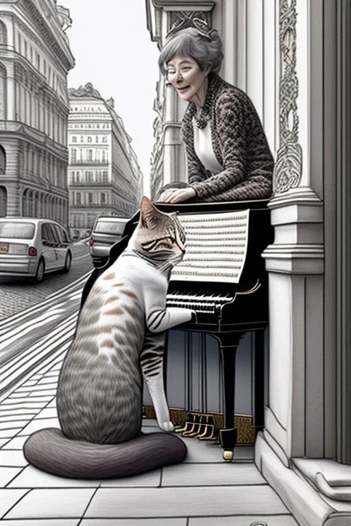 One single mature cat lady playing piano on the street, Vienna, friendly, model style, hyper realistic, extremely accurate, delicate, extremely detailed, Graphic novel style, wide-angle, open aperture, superfine pencil