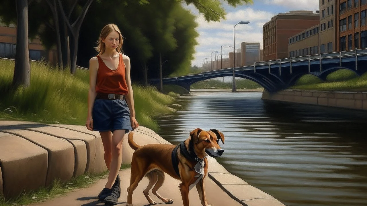 American realist style, a woman and a dog on a sidewalk next to a river in an urban setting, hyperrealistic portrait in a river