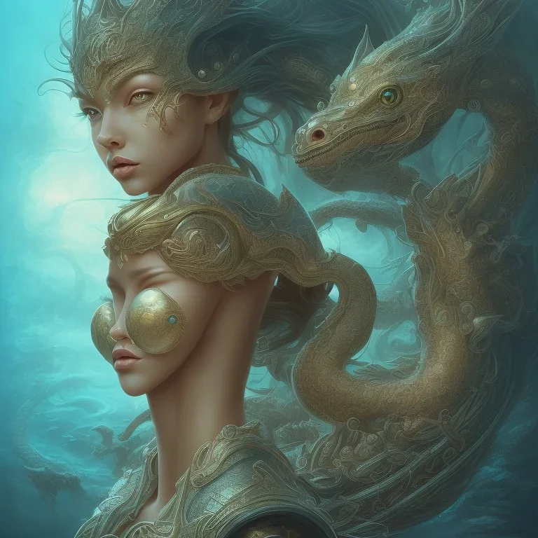 sango fantasy, fantasy magic, intricate, sharp focus, illustration, highly detailed, digital painting, concept art, matte, artgerm and paul lewin and kehinde wiley, masterpiece sexy lips Asian afro lips black African lady body mermaid Dragon head golden space lady sea under water mermaid pretty