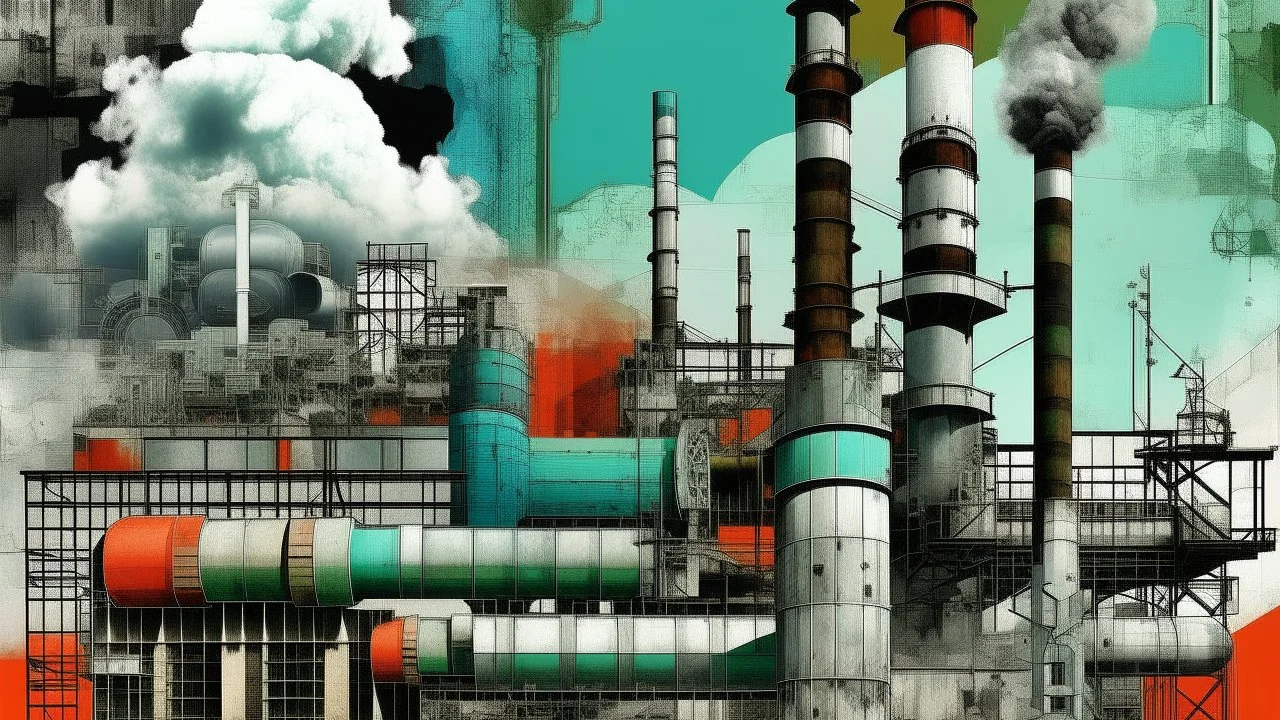 photoshop, mixed collage, industrial elements, bright and striking, weather