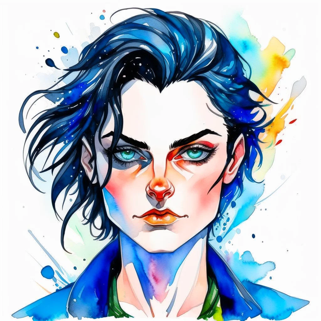 a headshot of an androgynous person with shoulder length black hair and ((heterochronic eyes)), intricately detailed, watercolor splash art