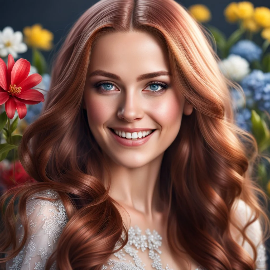 (best quality, 4k, 8k, highres, masterpiece:1.2), ultra-detailed, (realistic, photorealistic, photo-realistic:1.37),hyper realistic, gorgeous smiling 1woman,long hair,looking at viewer,realistic proportions,blue eyes,hair ornament,dress,very long hair,flower,red hair,parted lips,necklace,white dress,orange hair,lips,blurry background,freckles,realistic,head wreath,orange flower,realistic portrait