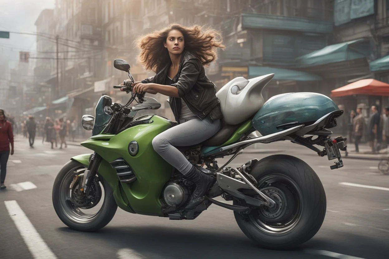 young woman astride a large motorbike, with no wheels, floating on an alien street