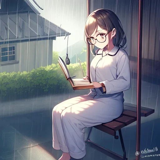 anime girl writing with a pencil in a book sitting on a porch swing of a very old house in the rain, wearing pajamas,wearing glasses, rain and raindrops