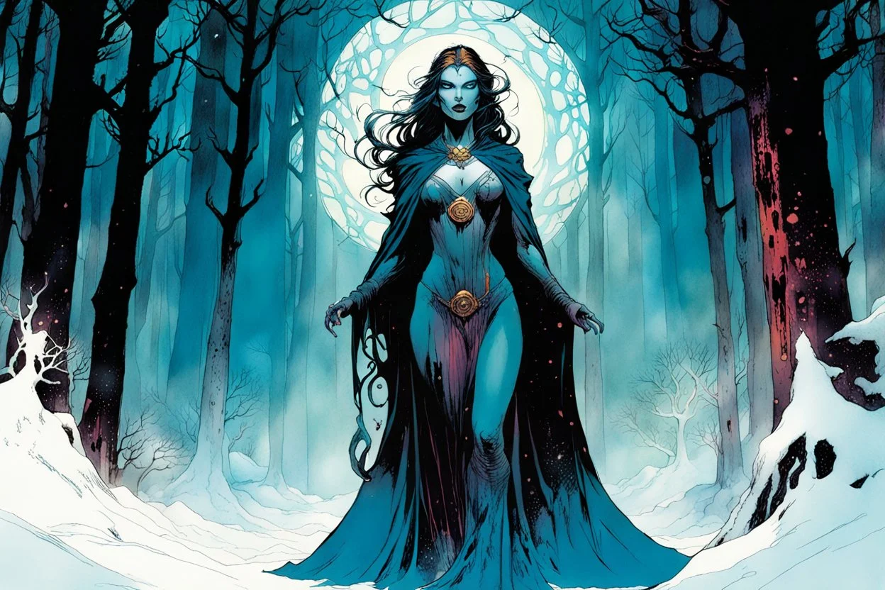 create a wildly conceptual full body illustration of sorceress with highly detailed feminine facial features, in an ethereal, otherworldly , darkened, ancient winter forest , in the comic book art style of Bill Sienkiewicz, Mike Mignola, Sparth, and Jean Giraud Moebius, finely drawn, colored and inked, suffused with dramatic natural light and shadow under a midnight blue moon