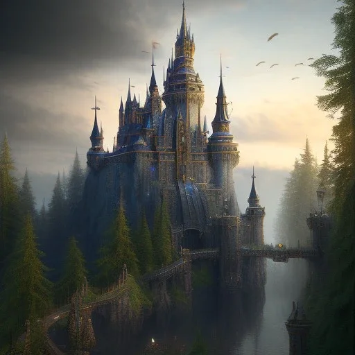 fantasy castle,utra realistic,highly detailed, masterpiece, sharp focus,volumetric lighting, Vibrant, color Scheme, forest, trending on artstation, ultra photoreal,hypermaximalist, unreal engine, HDR, UHD, 64K --v 4