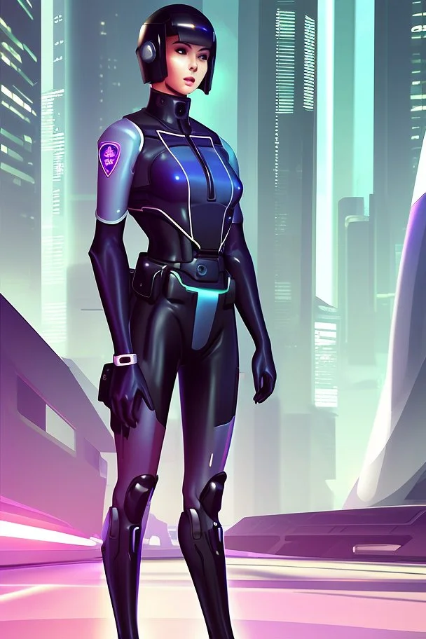 full body picture of a policewoman, futuristic city background