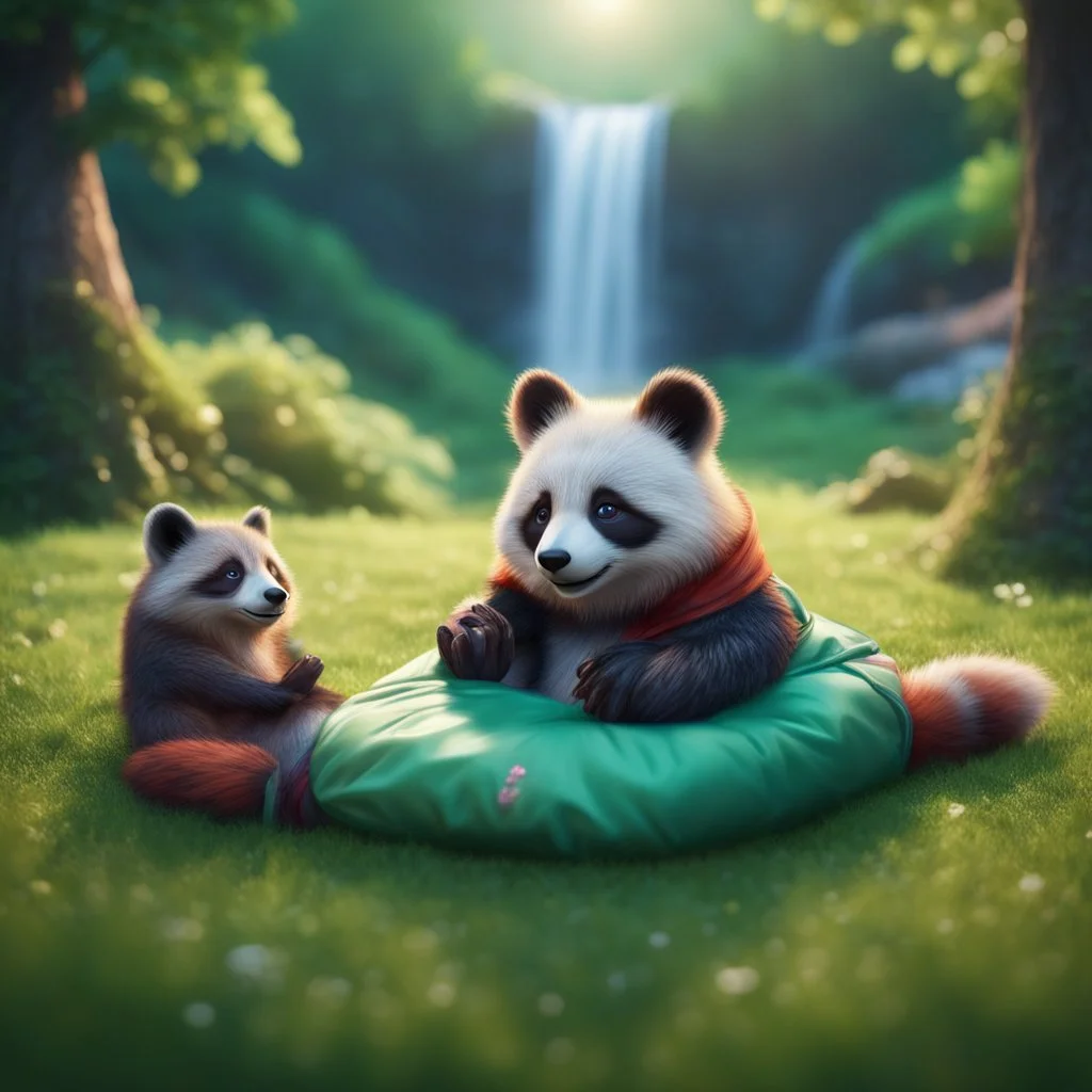 pen outline, waterfall, panda fox racoon in luxury sleeping bag on green lawn in magical forest ,bokeh like f/0.8, tilt-shift lens 8k, high detail, smooth render, down-light, unreal engine