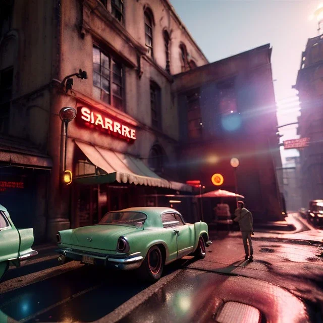 Ultra Realistic retro sci-fi afire Supermarket parking scene, 1960 year, many people running. blonde woman, sweet scarlet Johansson face, perfect iris, glow eyes, face makeup, tight latex coat; many panic people, Retro sci-fi style, soft color, highly detailed, unreal engine 5, ray tracing, RTX, lumen lighting, ultra detail, volumetric lighting, 3d, finely drawn, high definition, high resolution.