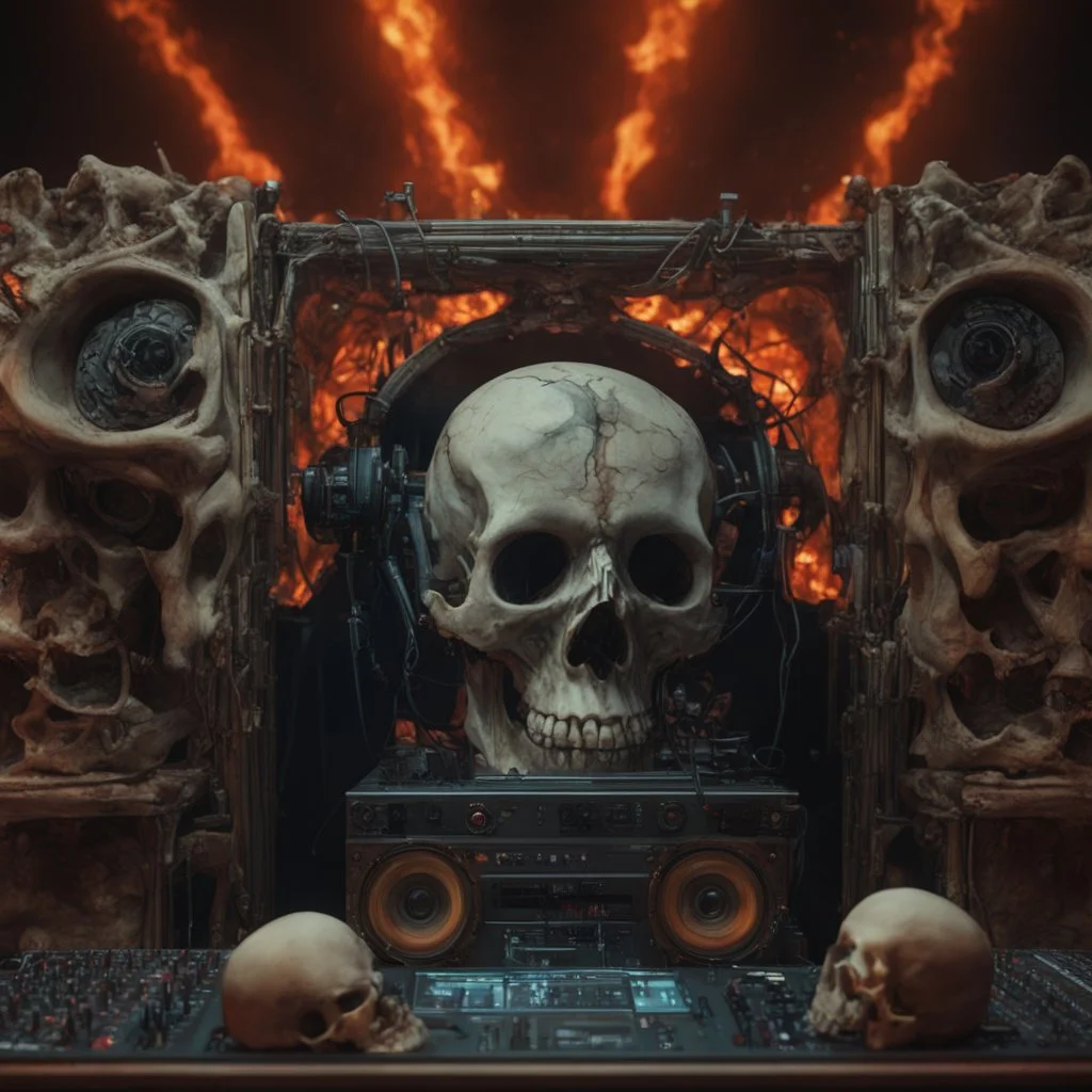 DJ of the damnded, insanely detailed DJ booth in hell, MID set, speakers and equipment made of bone, anatomically correct, add more skulls in th audience, photorealism, vray, 8k 3d