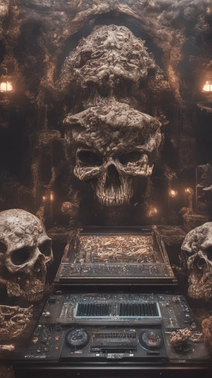 DJ of the damnded, insanely detailed DJ booth in hell, MID set, speakers and equipment made of bone, anatomically correct, add more skulls in th audience, photorealism, vray, 8k 3d