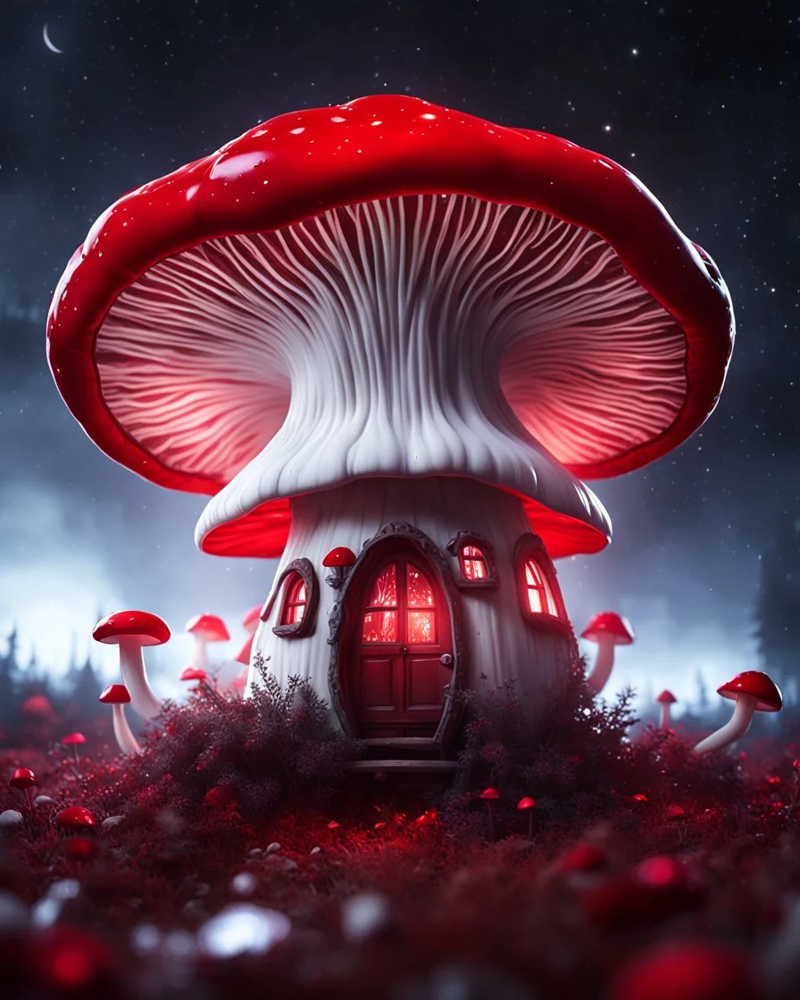 An illogically floating mushroom house on a clear night. white and white and red, Stars Dark cosmic interstellar. Detailed Matte Painting, deep color, fantastical, intricate detail, splash screen, hyperdetailed, insane depth, concept art, 8k resolution, trending on Artstation, Unreal Engine 5, color depth, backlit, splash art, dramatic, High Quality Whimsical Fun Imaginative Bubbly, perfect composition