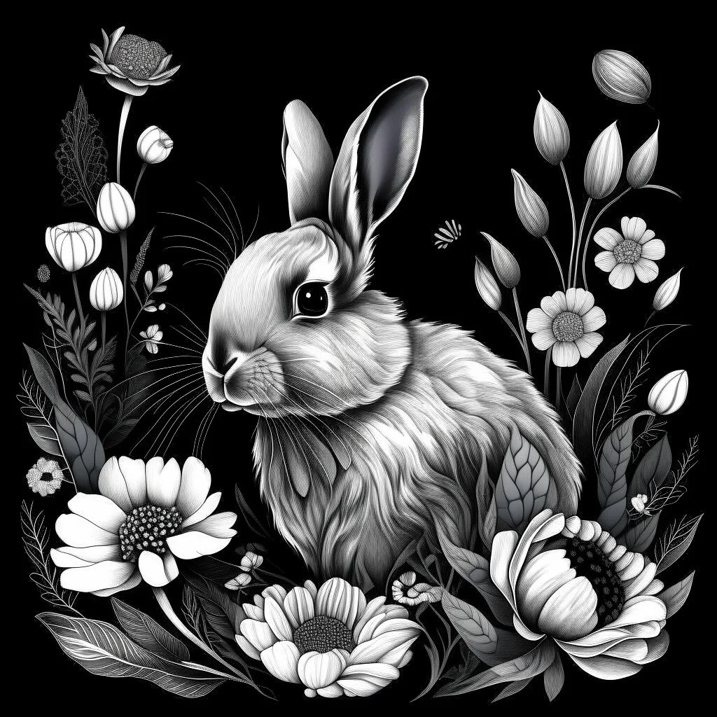 colorless rabbit between seeds and big flowers black background .black and white colors. for a coloring. with grayscale