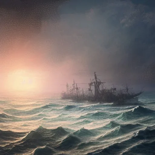 Insanely detailed photograph of an “artitcture plans of a large steamship battle on ocean ” with intricate waves, intricate embroidered band of stars, hyperdetailed painting by Ismail Inceoglu Huang Guangjian and Dan Witz CGSociety ZBrush Central fantasy art album cover art,8K, hdr, romantic, mysterious, ominous, flowers, jewelry, steam,oil,cafe,street vendor,steamship,D&D