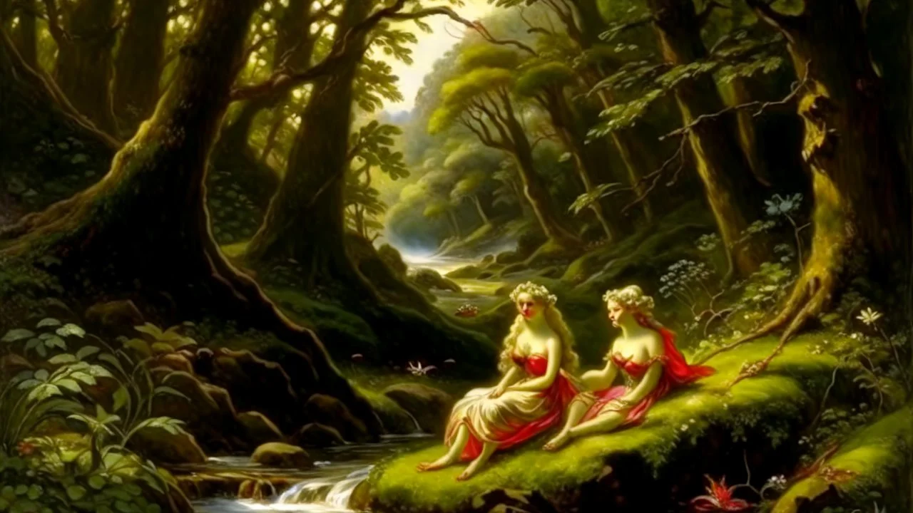 Nymphs sitting next to a stream, in a woodland clearing