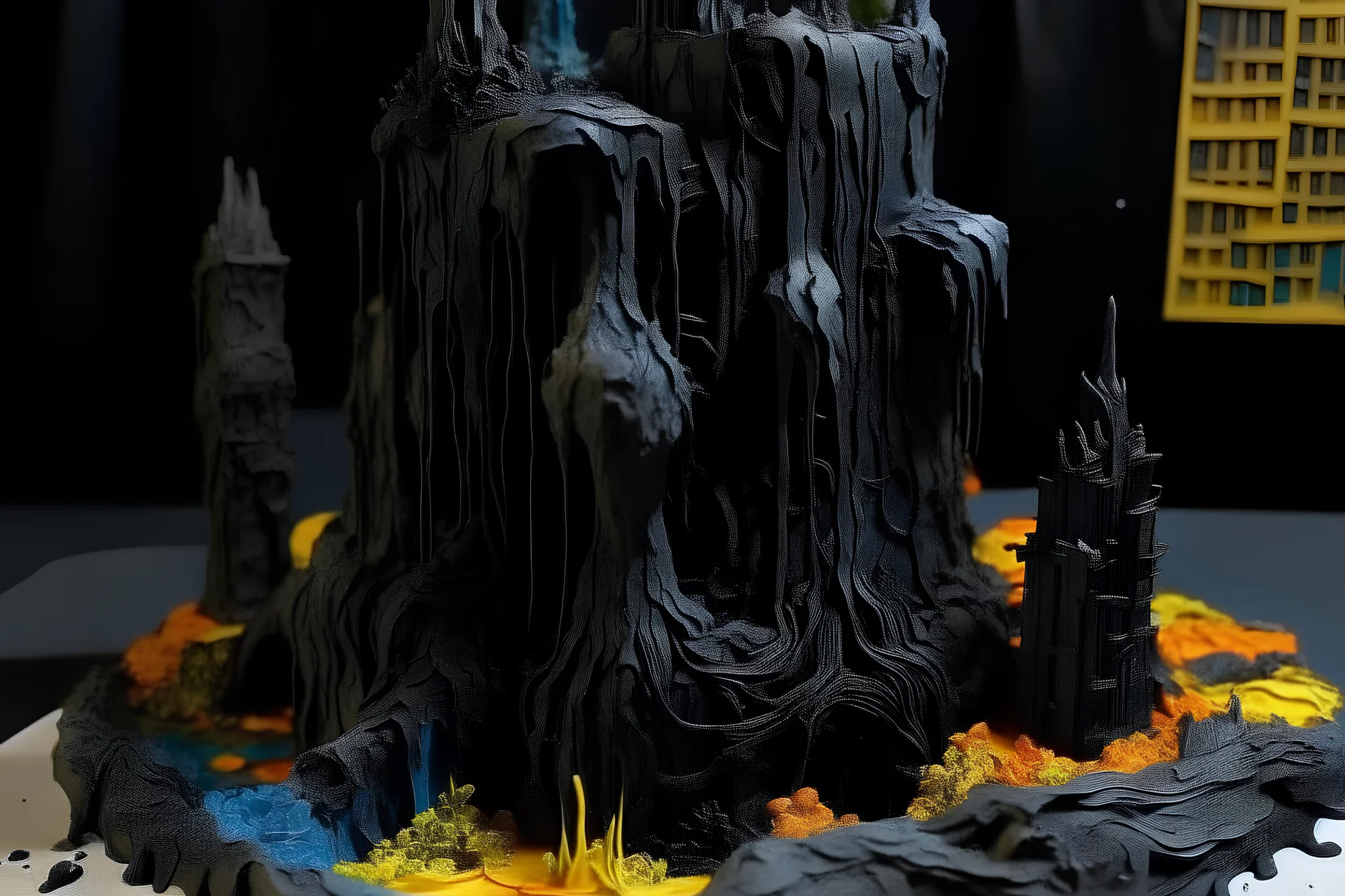 close extreme paper Mache diorama of a hyper extreme paper Mache diorama of a hyper extreme paper Mache diorama of a hyper extreme 3d wet liquid dripping black liquid ash water color of a standing at the dark city ally of the future reaching up to the fractal sky are the extreme melting dark nightmares that dwell within the past hyper intricate details high resolution crazy extreme depth of field tilt shift volumetric shadow smoky dense fog distorted figure in the background extreme intrica