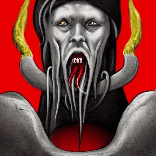 Vampire with yellow eyes with fleshy tentacle beard grey skin and red fangs and vampire bat nose as a Russian Orthodox