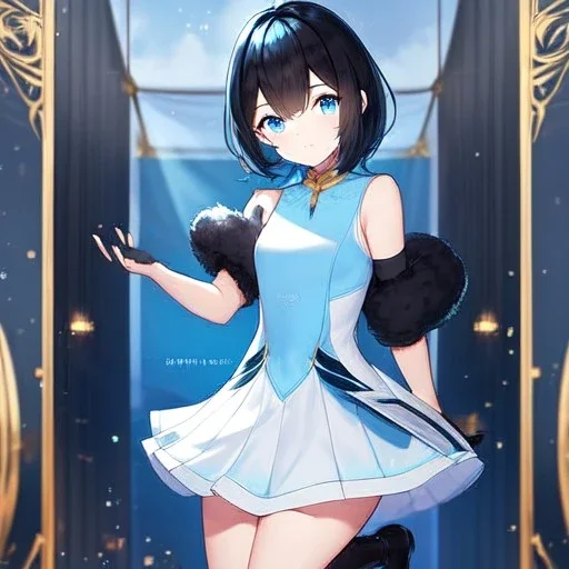 Clear focus,High resolution, Black short fluffy hair, and blue eyes, wearing a light blue sleeveless shirt with vertical stripes, black cut sleeves, wearing long black boots, wearing a white short skirt