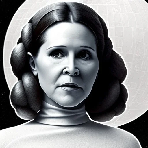 extremely detailed 8k hyperspace wallpaper,complete and photo realistic detailed head to waist stunning photo realistic portrait of carrie fisher as Princess Leia in star wars with Symmetrical, soft, fine, warm, photo realistic hair, brown eyes, professional majestic photo realistic painting by Ed Blinkey, Atey Ghailan, by Jeremy Mann, Greg Manchess, Antonio Moro, trending on ArtStation, Intricate, High Detail, Sharp focus, dramatic, by greg rutkowski,