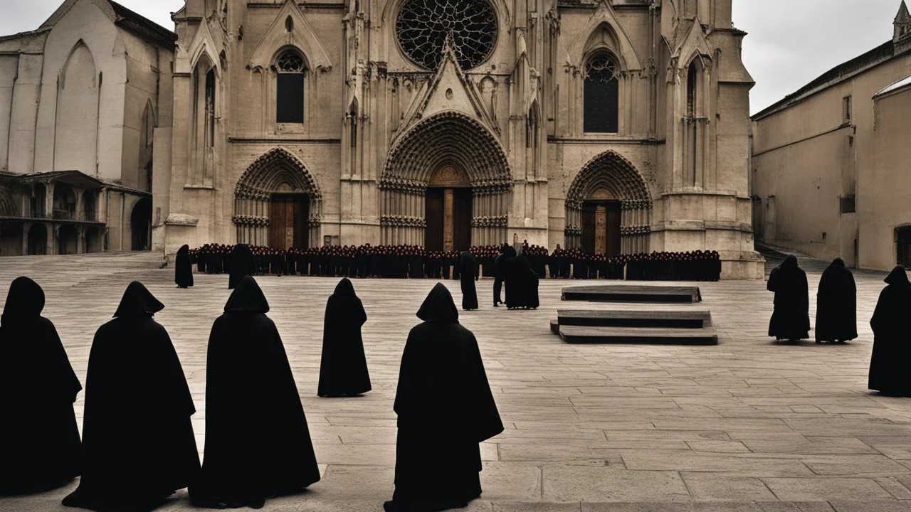 hooded monks in black robes in front of cathedral