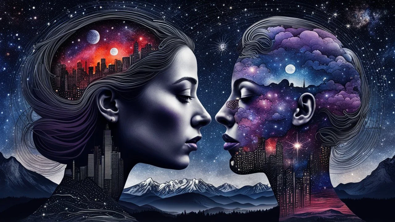 Double exposure of a female person's profile and a utopistic starry night sky, dramatic mood, dark depressive style, highlySurreal reflection, dark, melancholic, purple, gray, red, black colors, surreal abtractions, strange things, Kandinsky world detailed intricate, surreal, stunning,