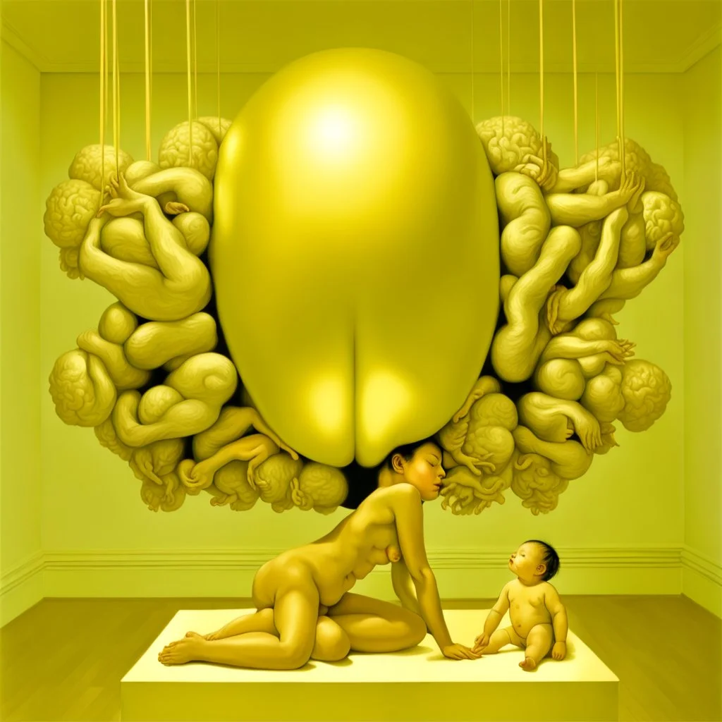 a huge golden brain supported by very small beautiful Asian female human bodies, complex surgical instruments mix a newborn boy between light and shadow, surrealism, symbolism, minimalism, sculpture by Lucian Freud, Rene Magritte, Salvador Dali