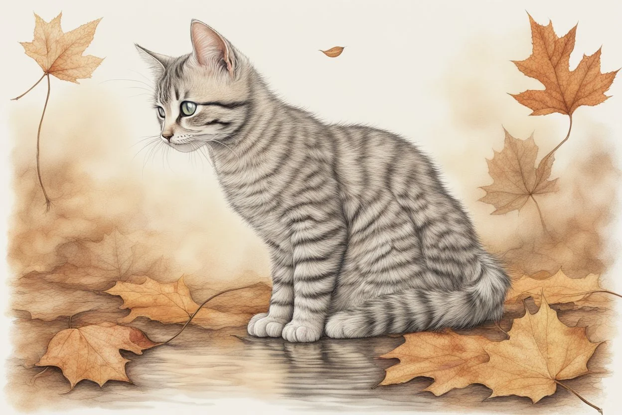 Cute soft contented kitten sweeping autumn leaves from the dirt road in the forest, reflecting water, misty morning sky, intricate zentangle, muted colours, employ golden ratio, elegant, intricate, very beautiful, high definition, hdr, pencil sketch, ultra realistic, ink, wet on wet watercolor, sparkling background