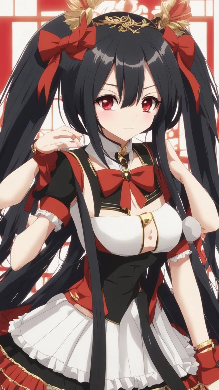 Tokisaki Kurumi appears to be elegant and has very polite manners, ivory skin and long, evil smile, crazy smile, black hair usually tied in long twin tails, deferent Eyes colors, right eye is red-tinted color, left eye appears as a golden color, inorganic clock face, a girl with astonishing beauty, wearing her astral black and red dress 'Elohim', left golden eye, intricate details, highly detailed, date a live anime art style