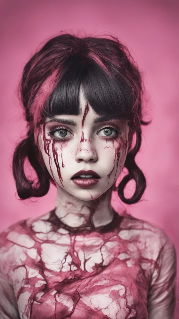 full color, illustration of a darkred and pink tones, menacing, Singer Melanie Martinez face, as a decayed, broken, skin turned translucent, black veins that extended like roots beneath her skin, latex suit, crude homemade cloth doll toy, with a narrow cracked porcelain face, thick dark eyebrows, hair in two gradually, made from ragged strips of cloth, in the style of Alex Pardee, Tim Burton, and Nadya Sheremet