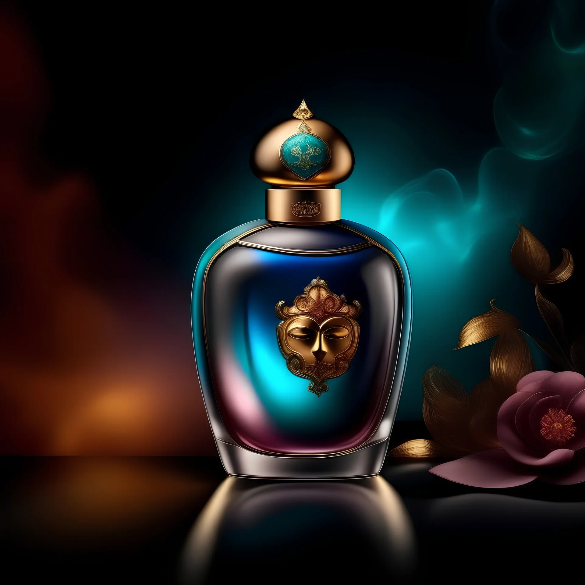 generate me an aesthetic complete image of Perfume Bottle with Masquerade Mask