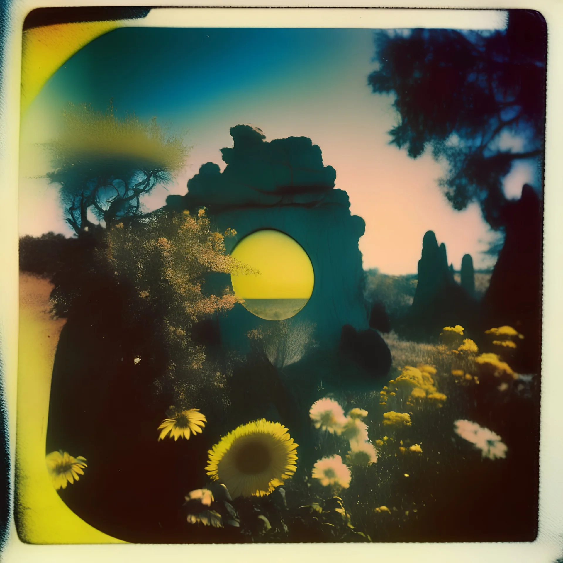 Polaroid photo of a peaceful marvelous landscape, trees, flowers, giant sun, sharp focus, bas-relief, decal, very spooky figure, intricate, rock formations, atmosphere of a Max Ernst painting, Henri Rousseau, thoughtful, interesting, a bit appalling, smooth