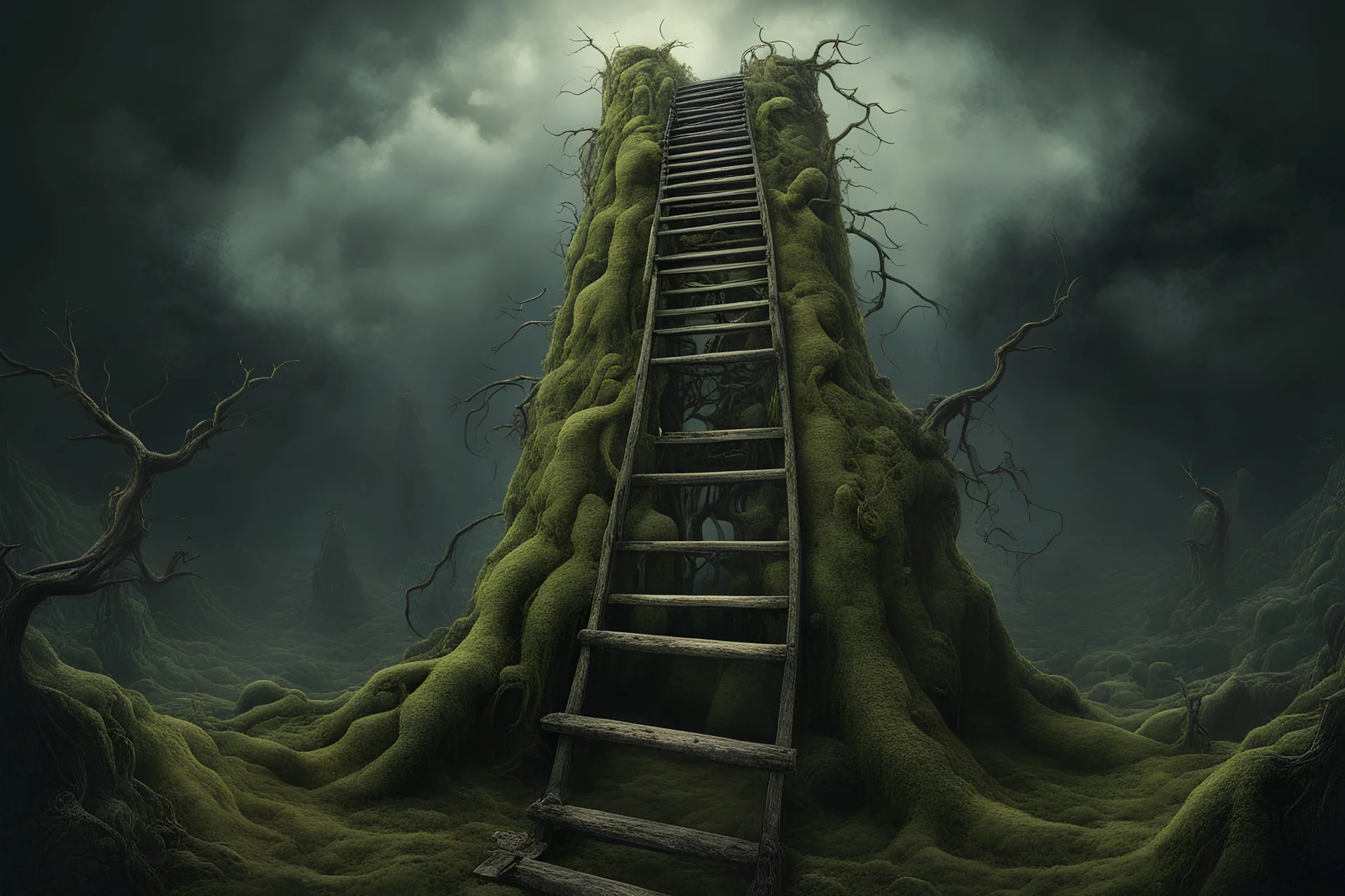 ladder to nowhere curiosities in a mossy nightmare dream, neo surrealism, styled by Zdzislaw Beksinski and Roland Topor, hyperdetailed, black background, eerie, magical effects, trending on Artstation, 8k, wonderfully morbid and strange, by Magritte