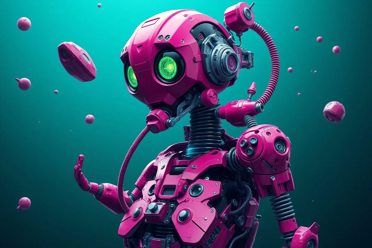 A hyper-realistic 3D Surreal digital painting, magenta droid mechanic, rich deep teal background, dreamlike imagery, fantastical elements, perfect body ,dymond ,