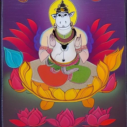 cow with wings holding a lotus and chakra in Indian painting style